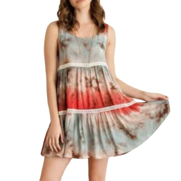 Entro Tank Dress Womens Size L Red Brown Tie Dye Babydoll Swing Loose Flowy Boho - Picture 1 of 10